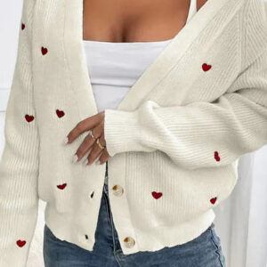 Heart Embroidery V-Neck Knit Cardigan