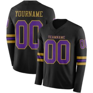 Custom Black Purple-Old Gold Long Sleeve Authentic Football Jersey